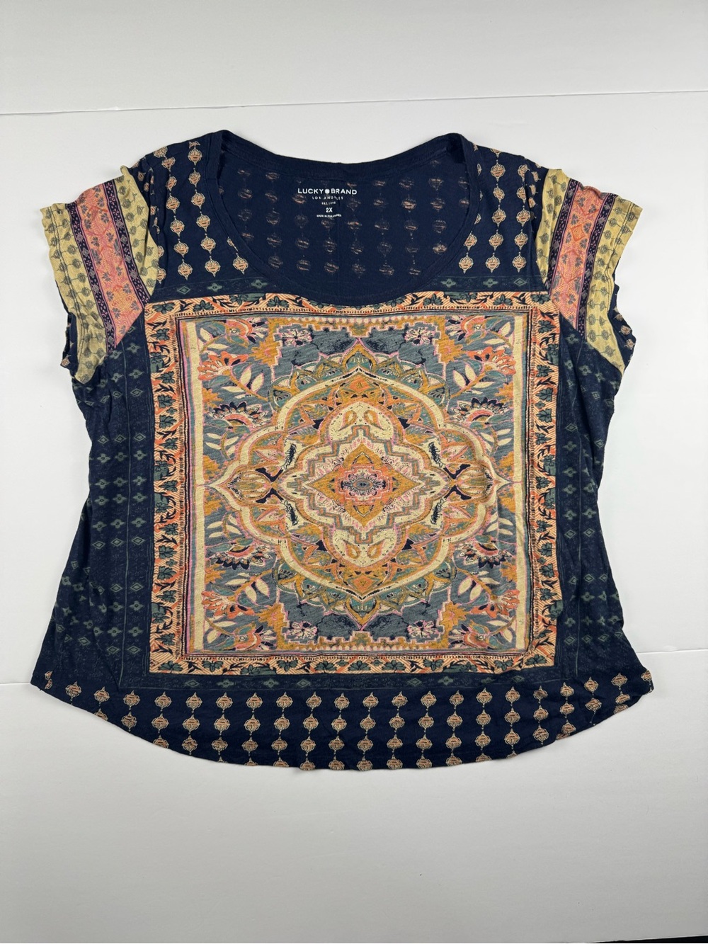 Lucky Brand Navy Short Sleeve Boho Medallion Tee with Peach and Yellow Accents